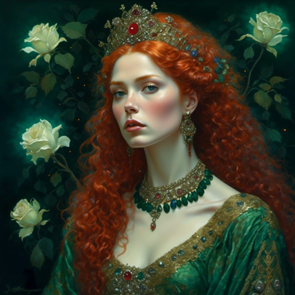 Red-Haired Empress in Moonlight, Hyperrealistic Portrait