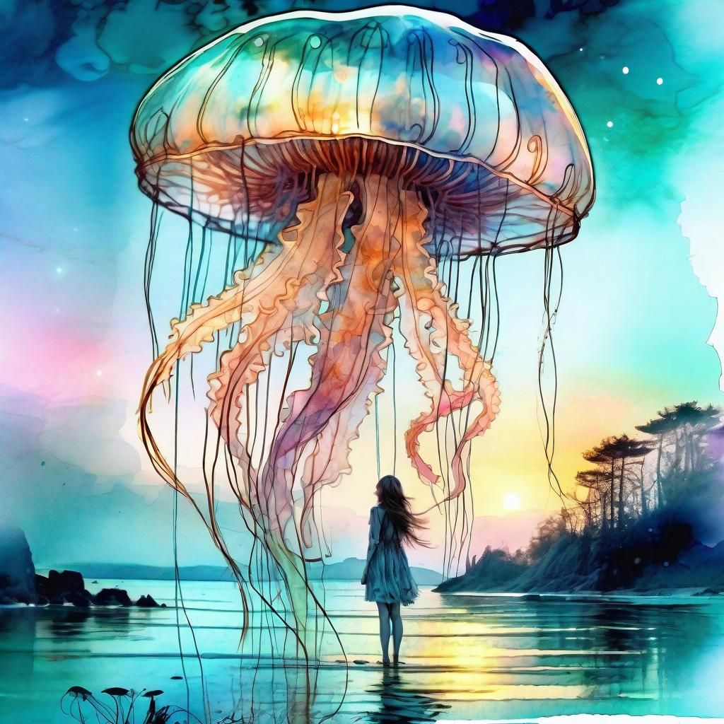 Bioluminescent Jellyfish Sunset: Digital Watercolor Art