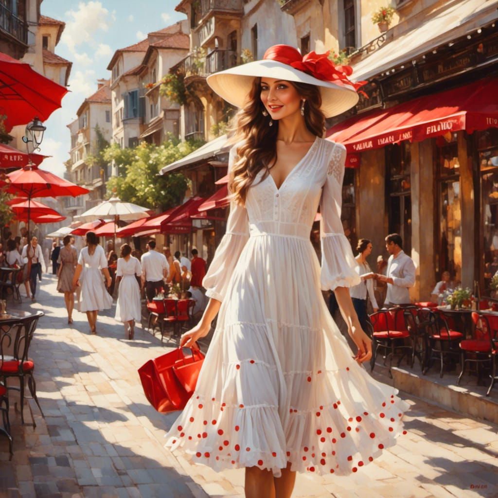 Brunette in White Dress, Vivid Oil Painting