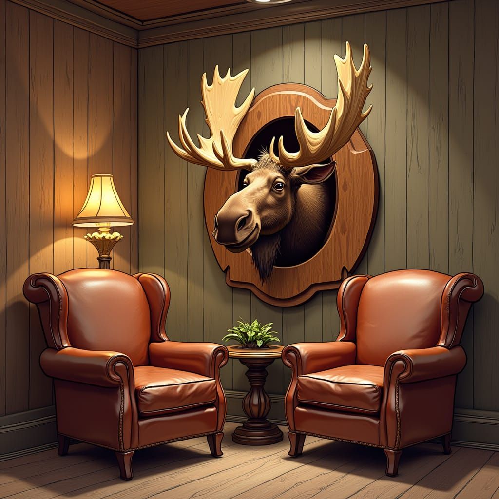 Humorous Moose Head Mount in Cozy Den