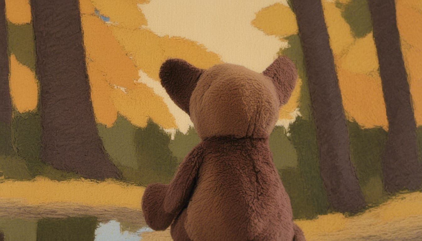 Teddy Bear Portrait in Whimsical Autumn Oil Painting
