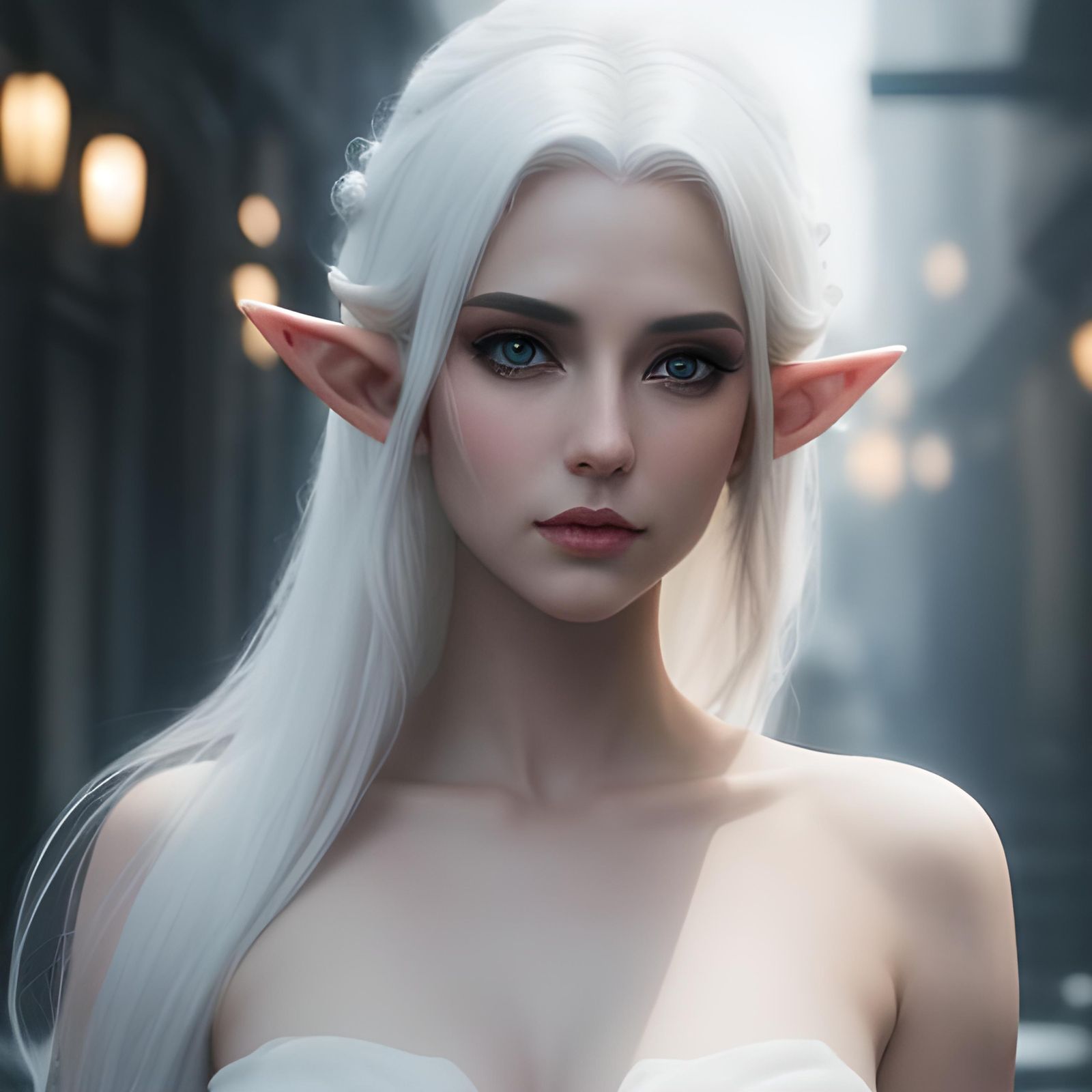 Dramatic Portrait of a White-Haired Elf in Elvish City