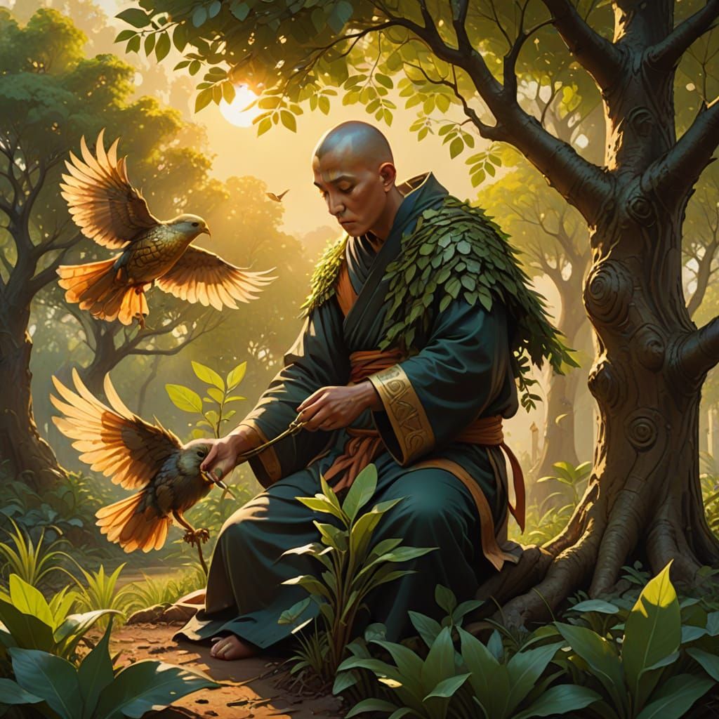 Winged Monk Planting a Tree as Oil Painting