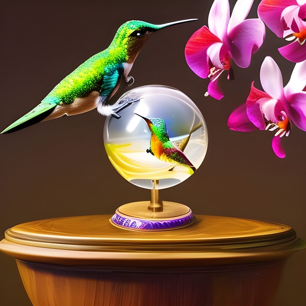 Hummingbird and Orchid in Glass Globe: Detailed Painting