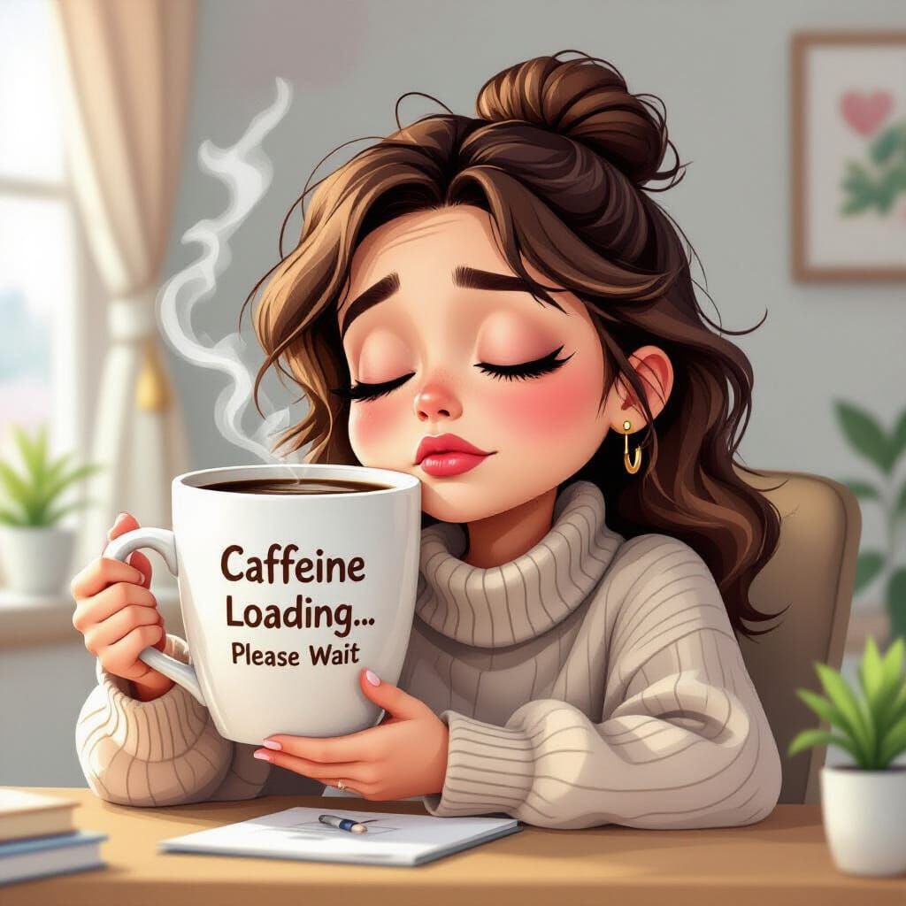 Sleepy Caricature With Giant Coffee Mug