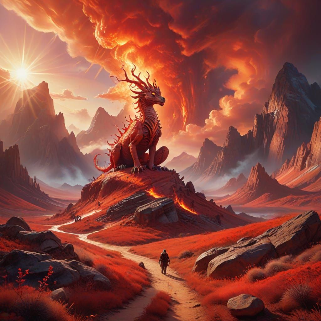 Surreal Creatures in Fiery Red Mountains, Oil Painting