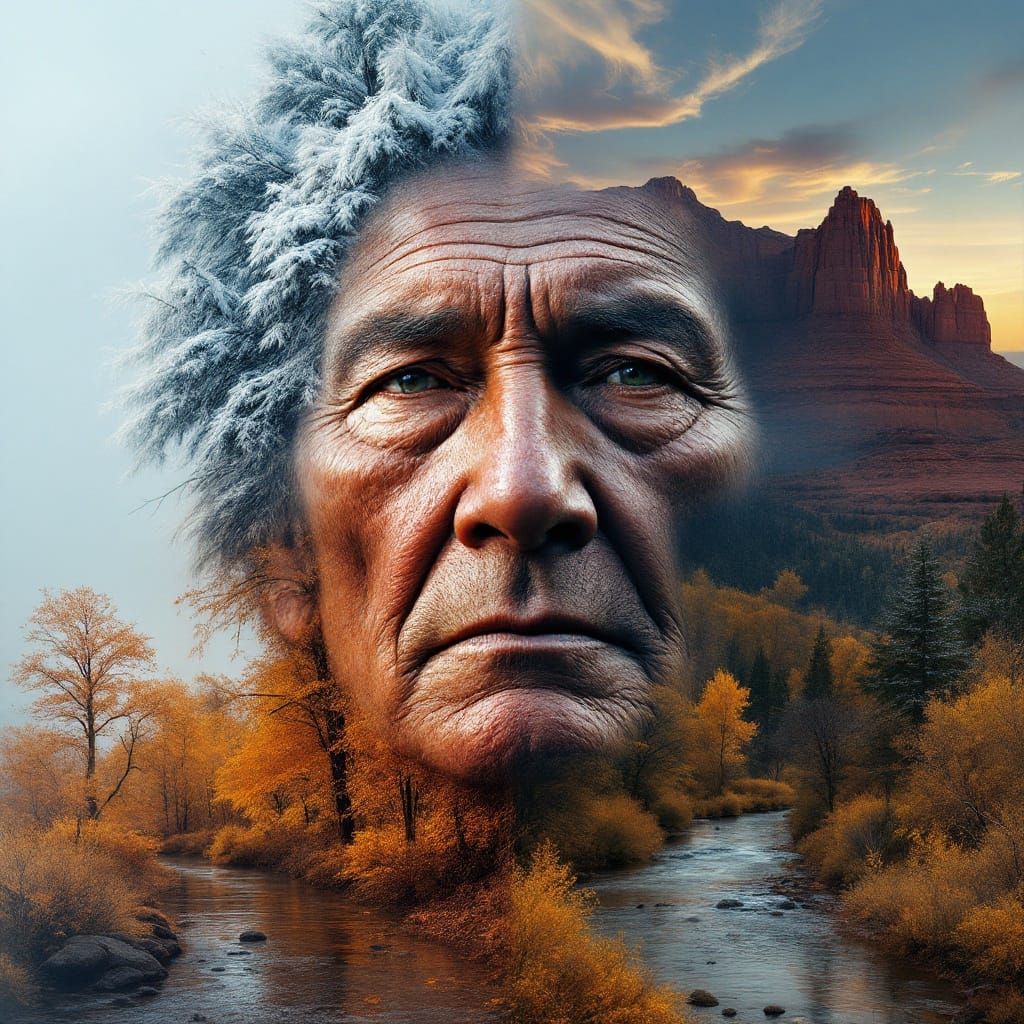 Stunning Double Exposure Portrait of Navajo Chief in Hyperde...
