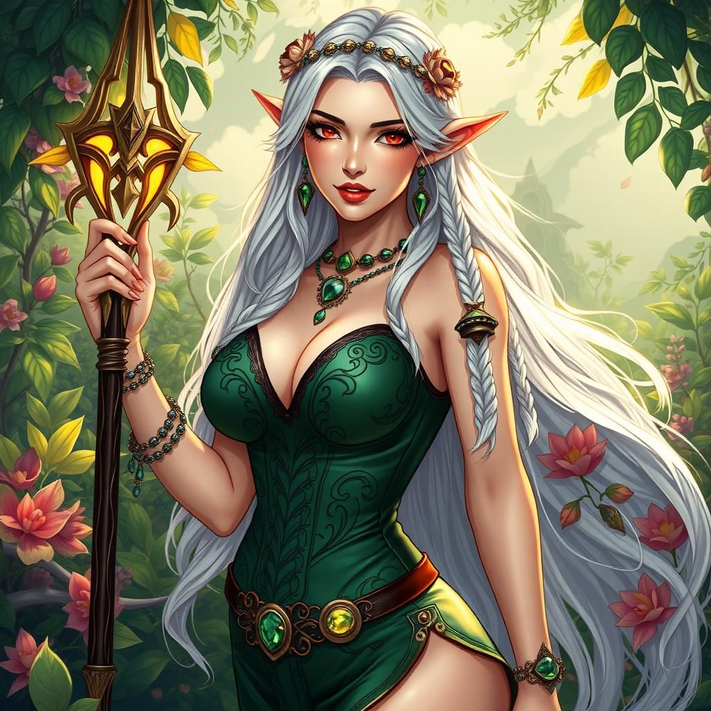 Voluptuous Elf Woman in Anime Style with Gemstone Staff