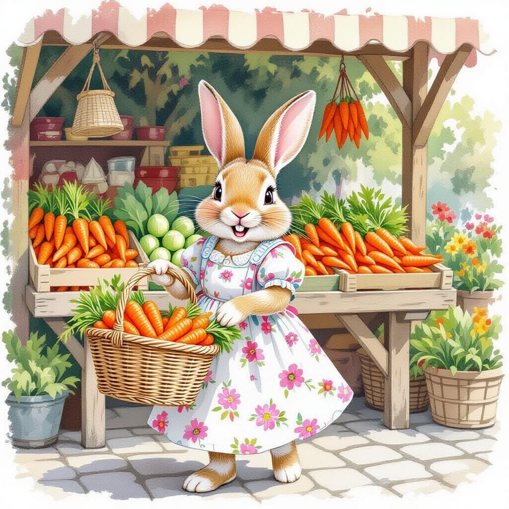 Laughing Rabbit at Market: Whimsical Storybook Illustration