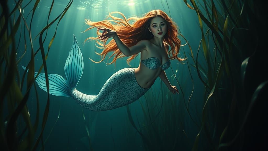 Elegant Mermaid Diving Through Murky Waters