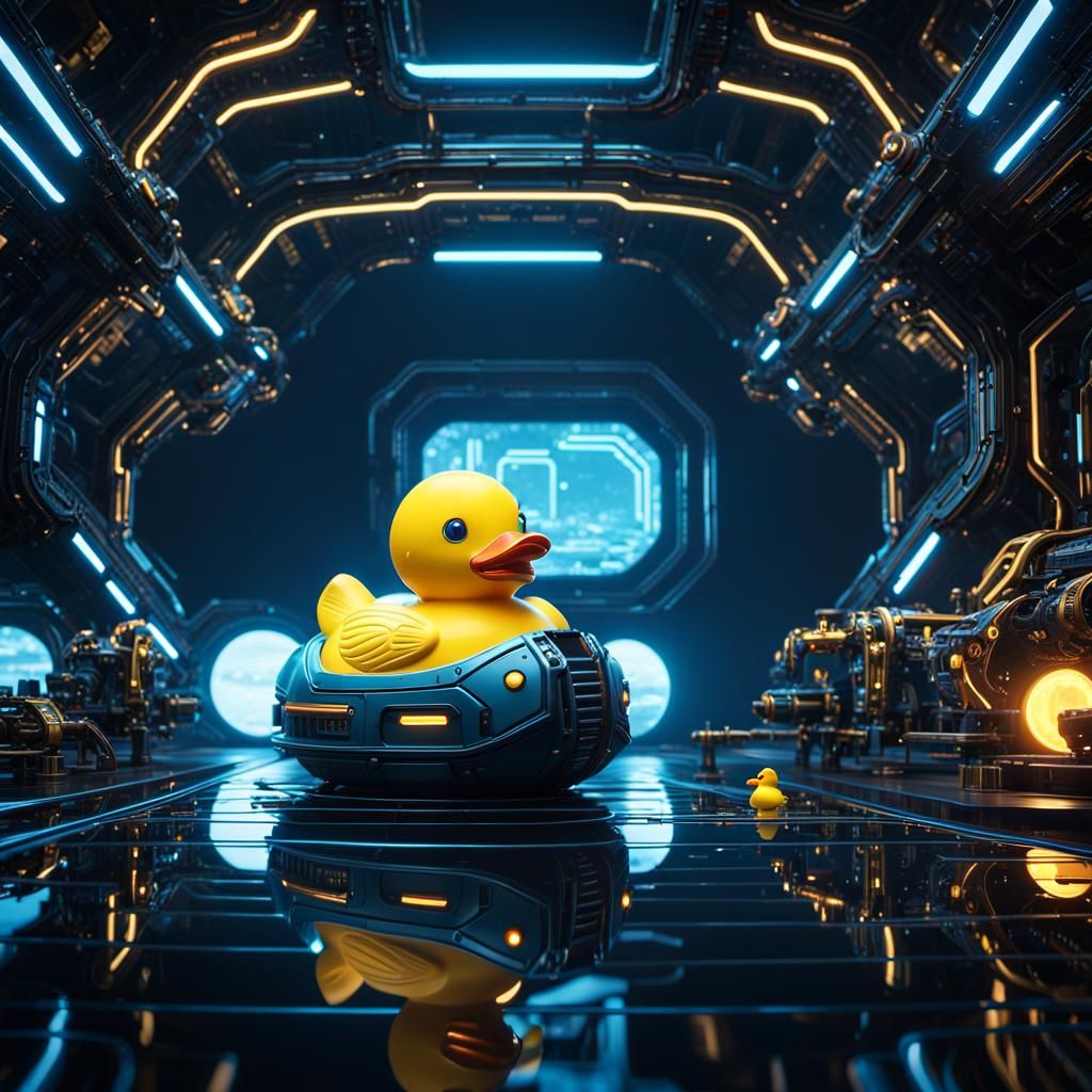 Futuristic Mecha Ducky in Sci-Fi Cityscape