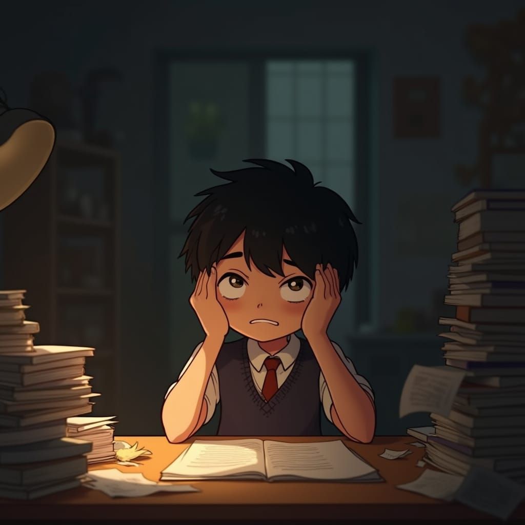 Frustrated Indian Boy in Messy Room, Anime Style