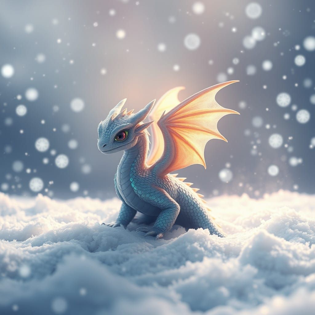 Surreal Snowy Landscape with a Majestic Baby Dragon in Iride...