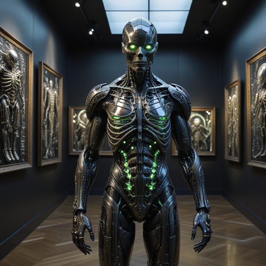 Transparent Cyborg in Art Gallery, Biomechanical Aesthetic