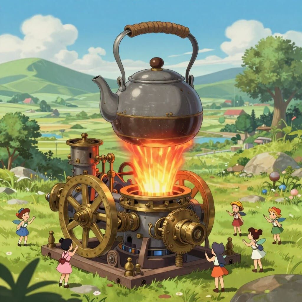 Animated Steampunk Landscape: Fairies Tend Clockwork Kettle