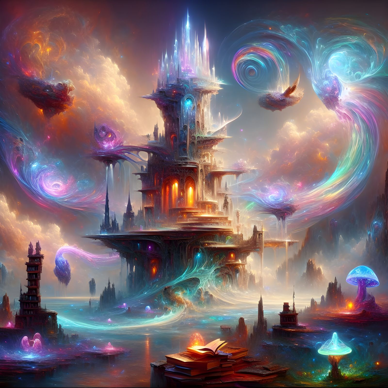 Glass Crystal Wizard Tower with Rainbow Energy and Floating ...