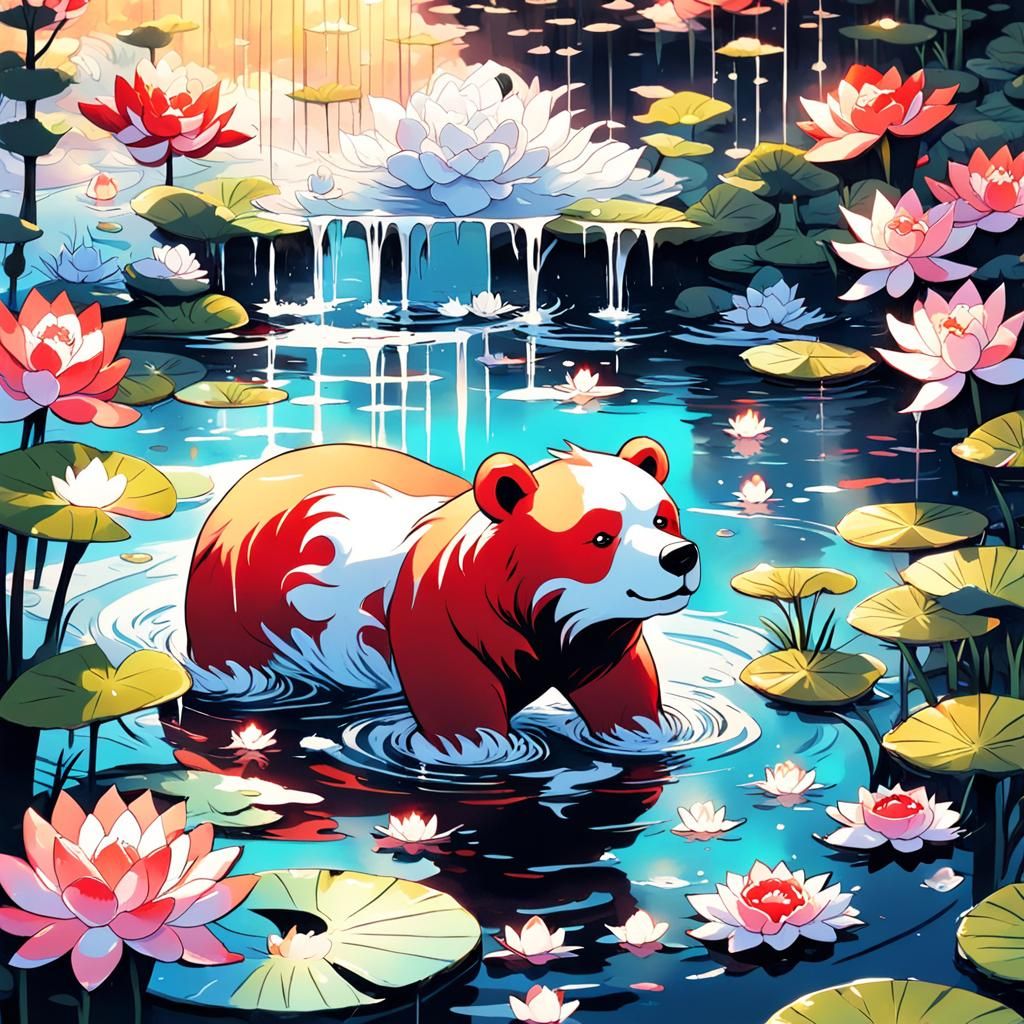 Red Bear's Yin-Yang Koi Pond: Anime Illustration