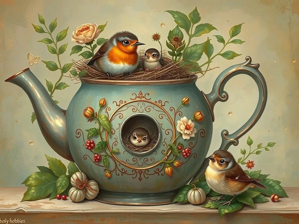 Whimsical Storybook Robin Teapot Nest