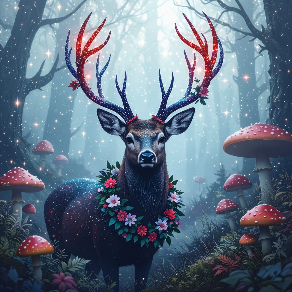 Mystical Deer in Enchanted Forest: Digital Matte Painting