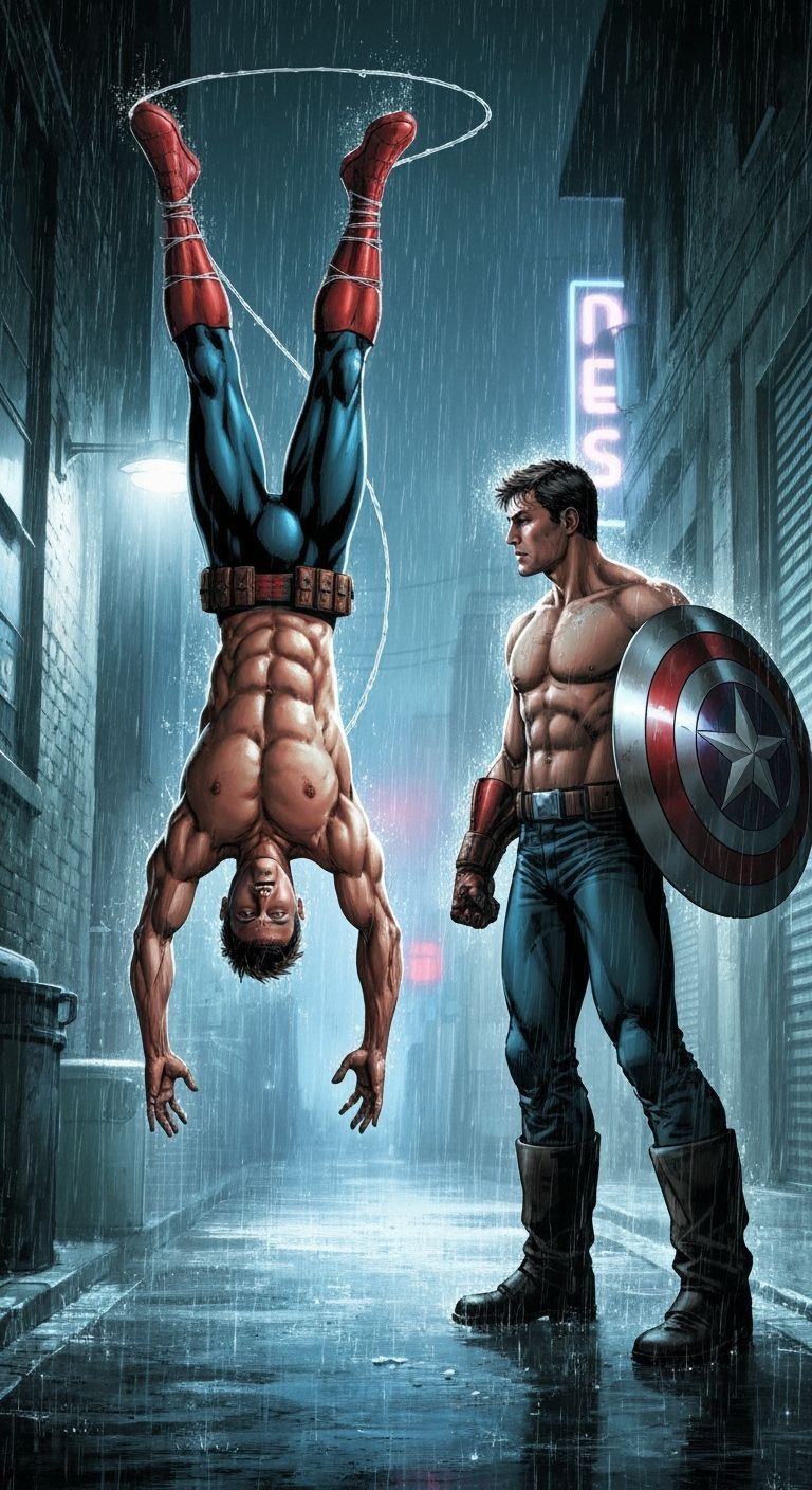 Spider-Man Faces Captain America in Rainy Comic Art