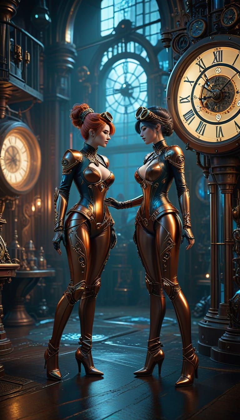 Steampunk Women Kissing in Overcrowded Nightclub