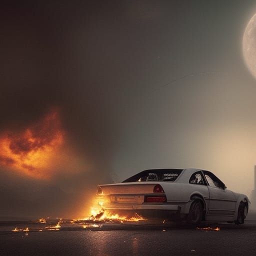 Burning Car in Urban Landscape: Digital Matte Painting