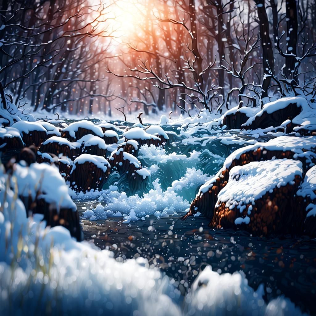 Snowy River Rapids in Winter Forest