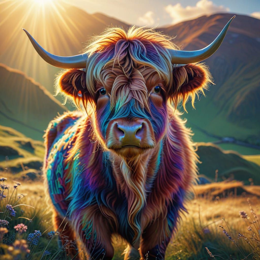 Rainbow Highland Cow in Scottish Field: Abstract Vector Art