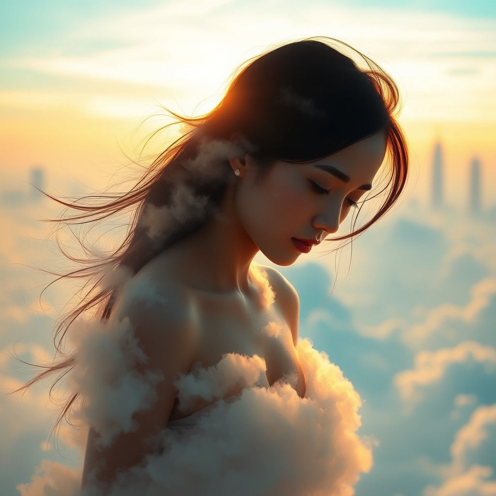 Ethereal Cloud Lady Drifting in Cyberpunk Sky