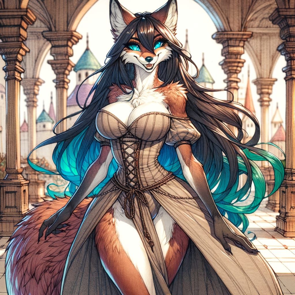 Anime Fox Vampire in Temple, Ink and Pencil Style