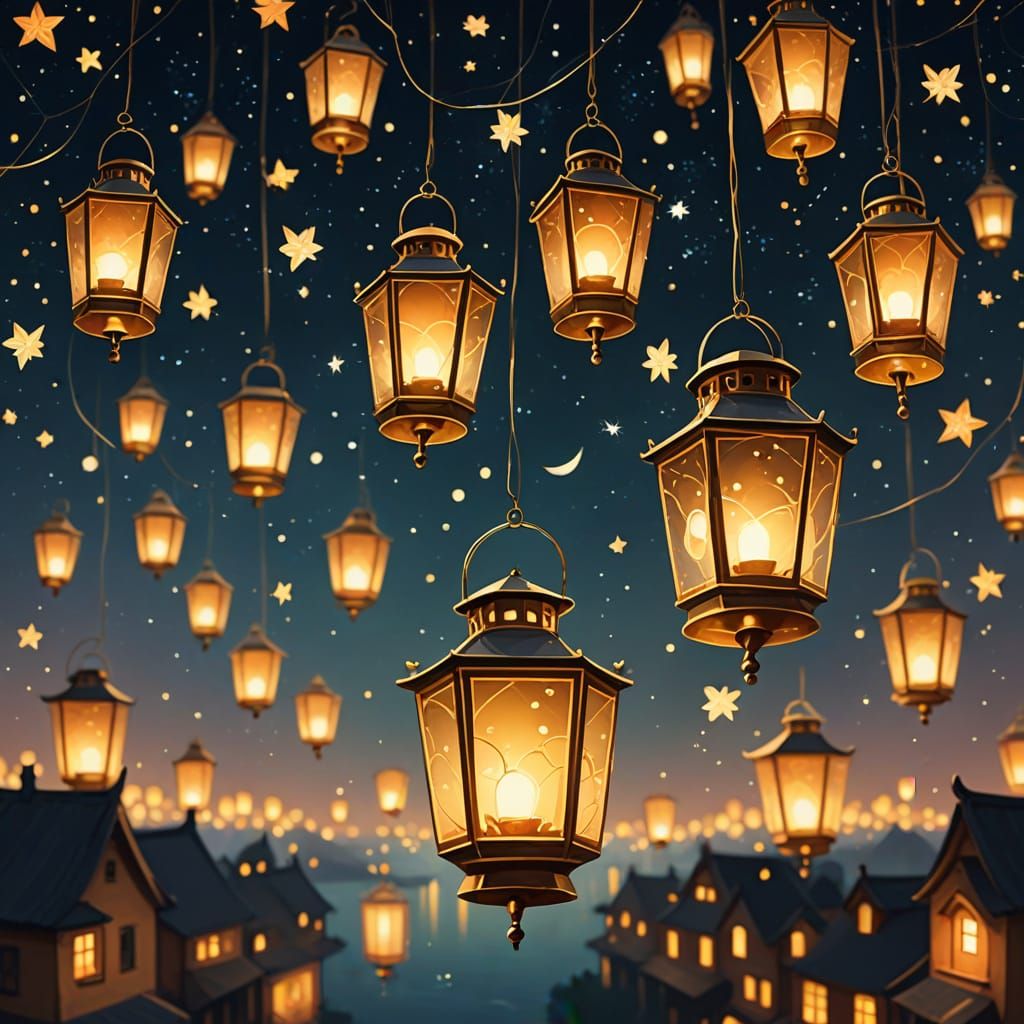Magical Lanterns Float in Starry Night Sky