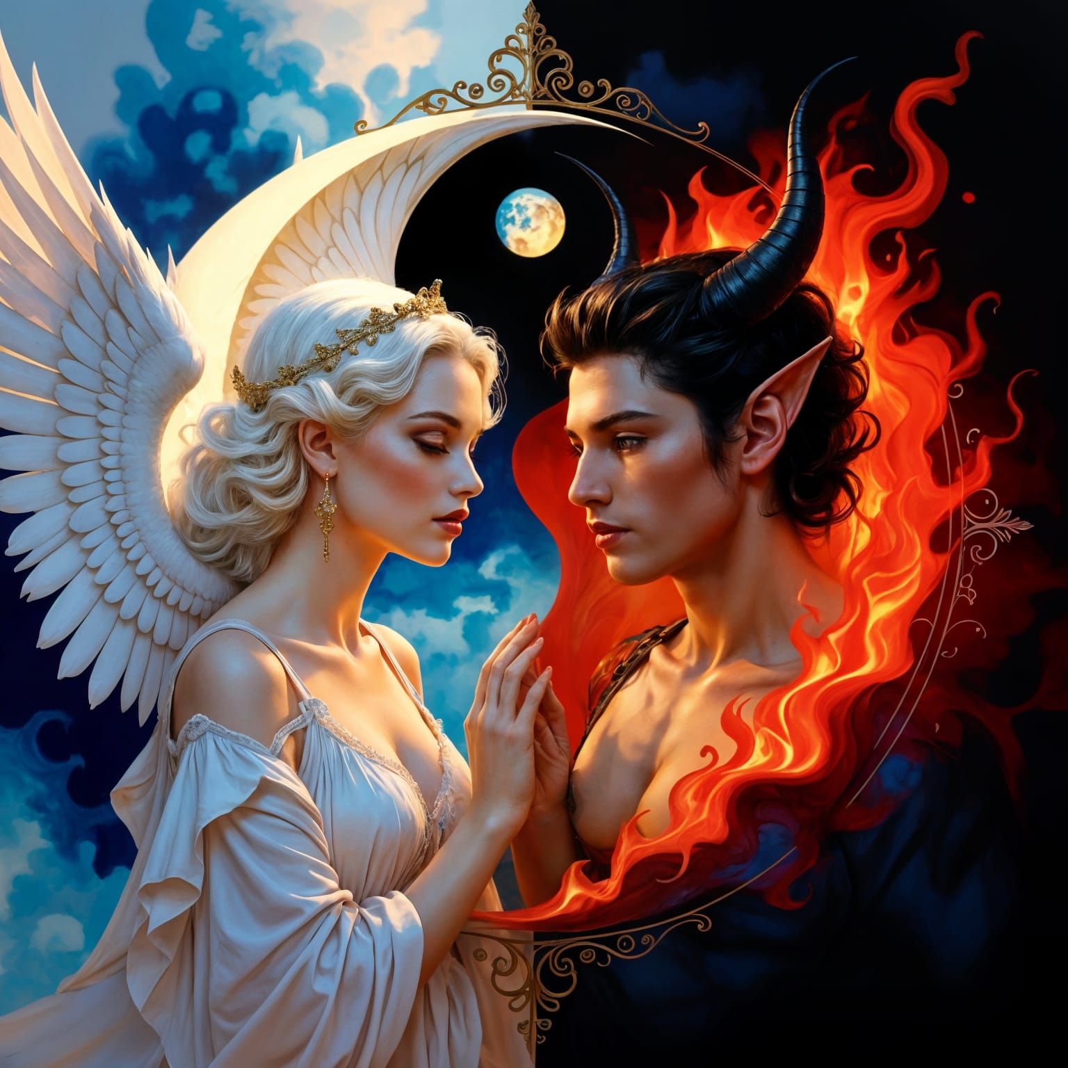 Angel and Demon Yin Yang in Impressionist Watercolor Style