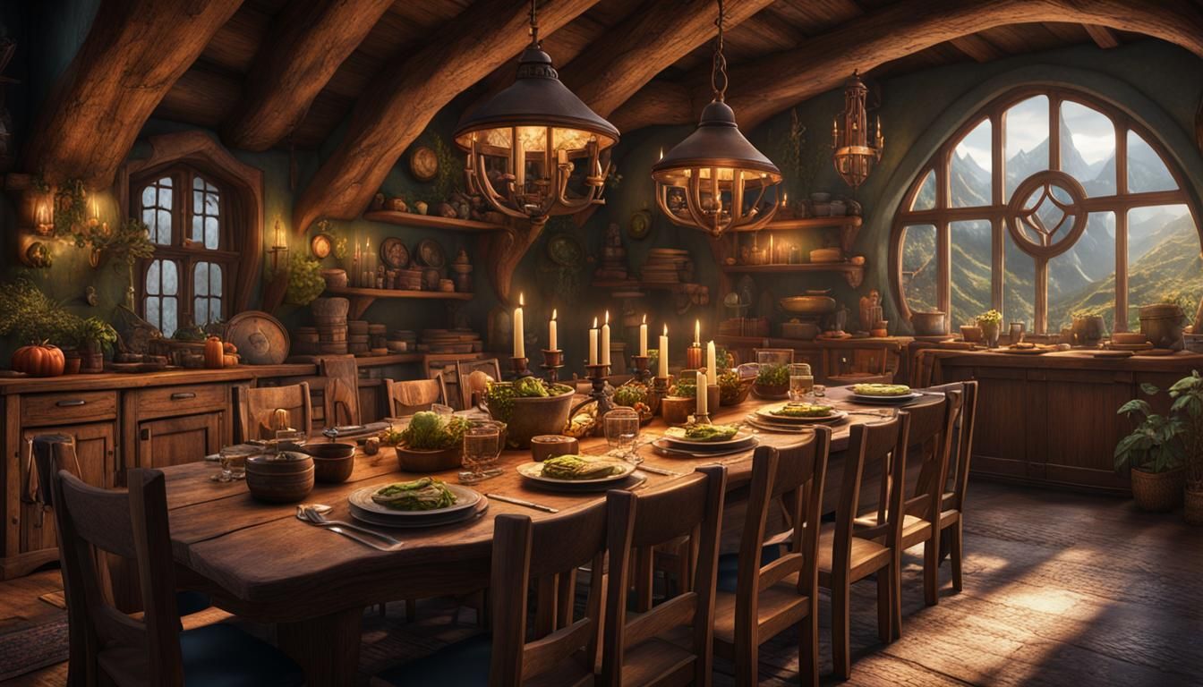 Hobbit House Dining Room: Detailed Matte Painting