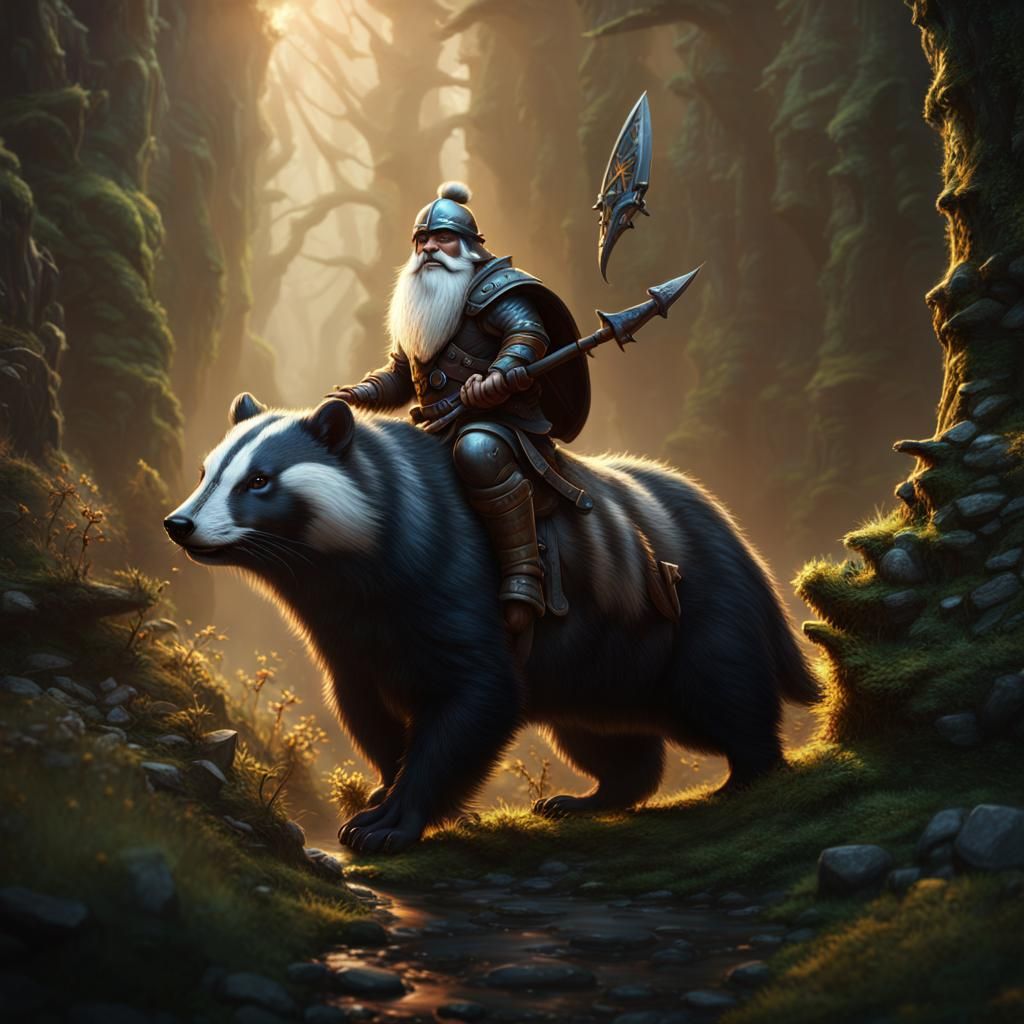 Fantasy Dwarf Riding Badger: Detailed Matte Painting