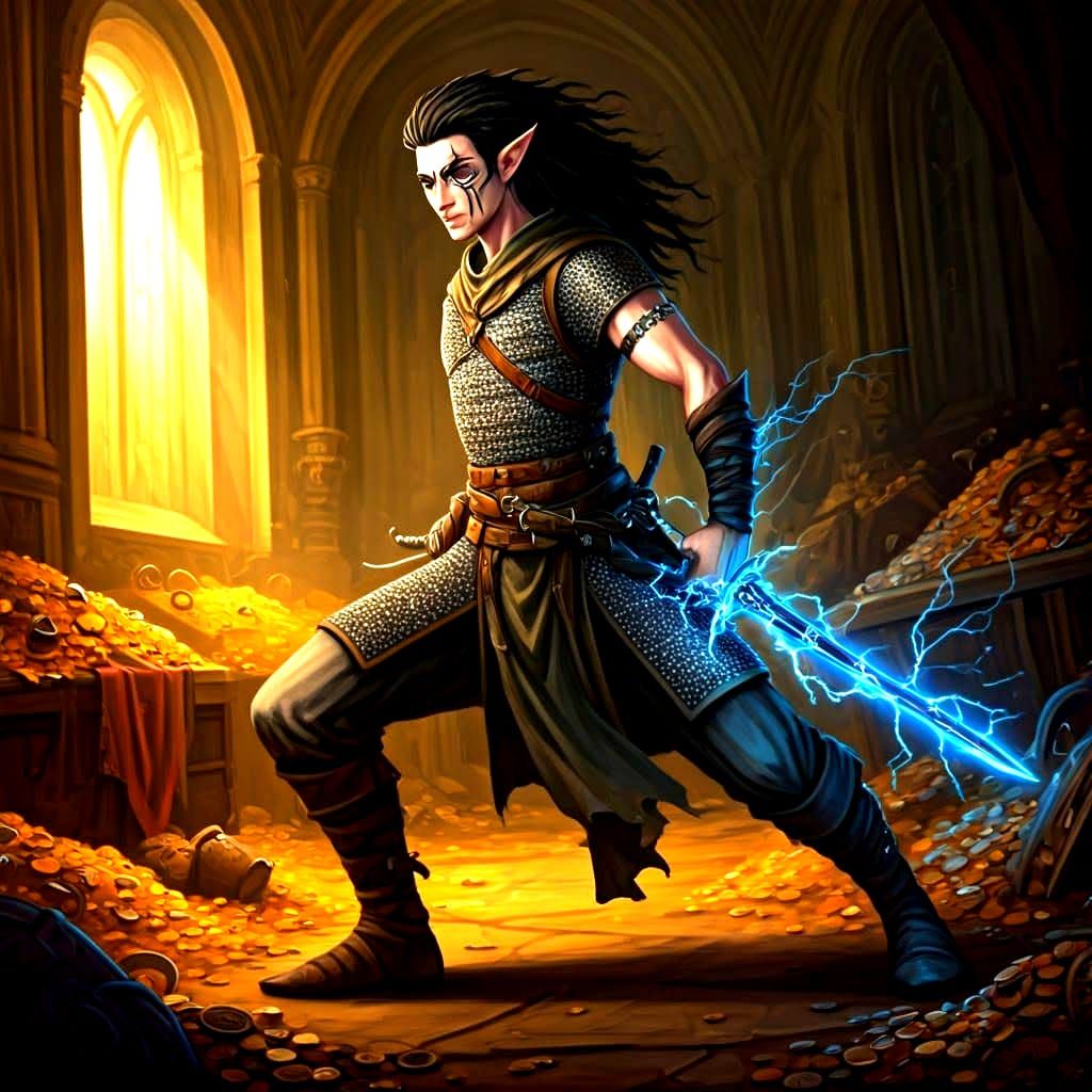 Half-Elf Rogue with Lightning Sword in Treasure Hall