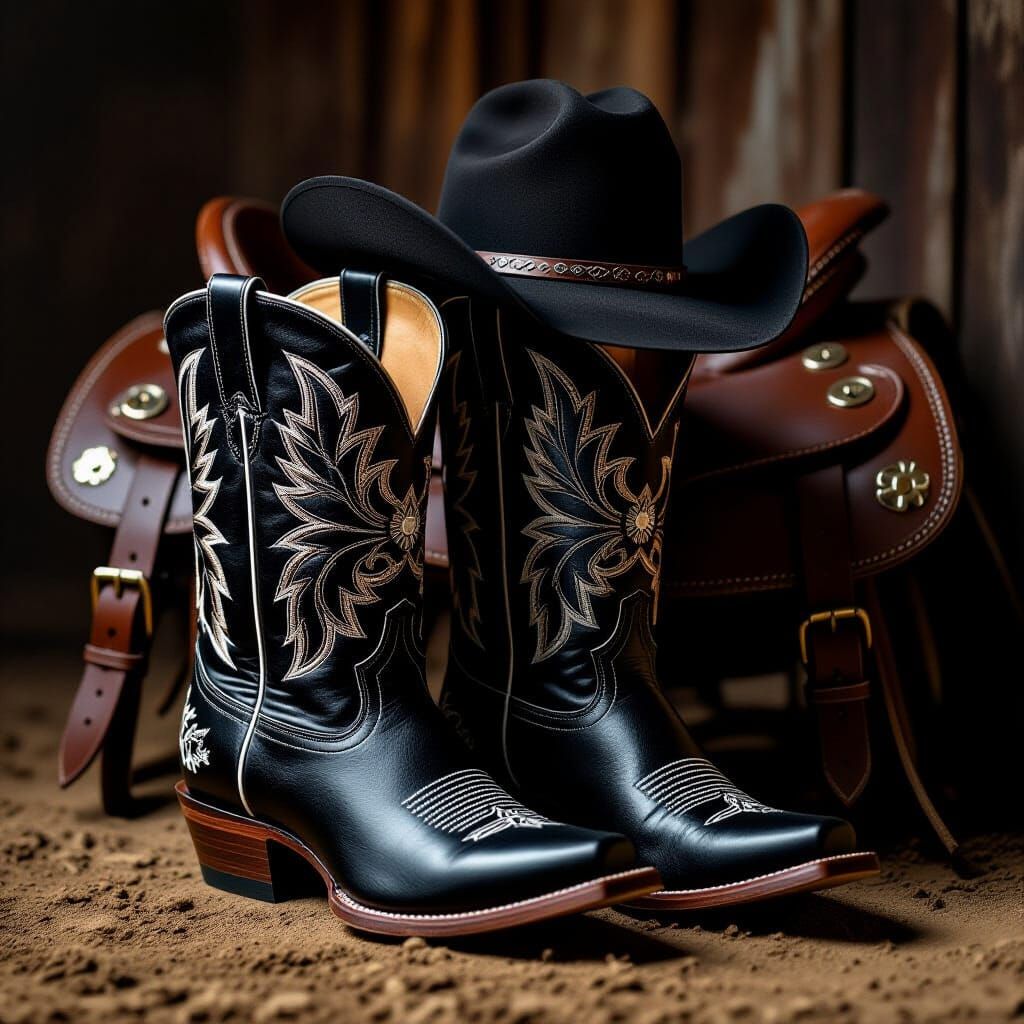 Black Cowboy Boots and Hat with White Stitching