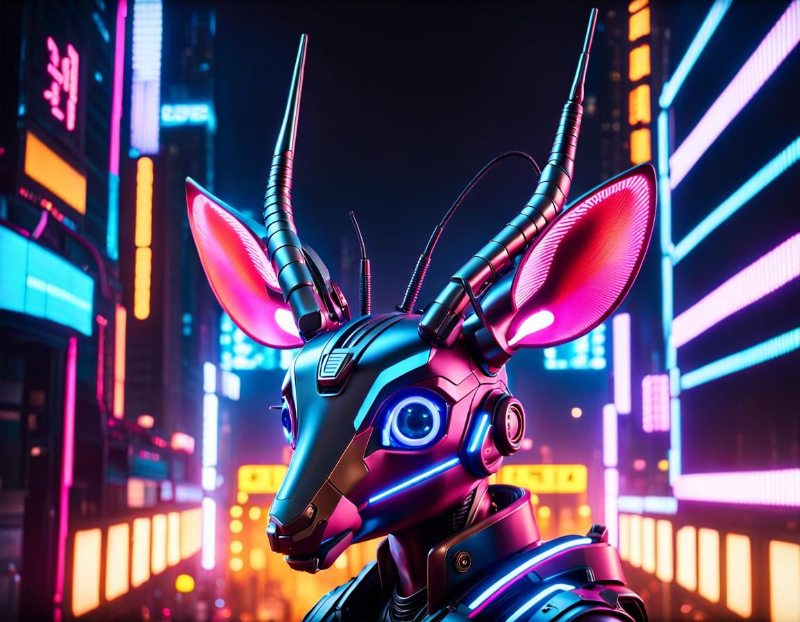 Cyberpunk Antelope Mecha Cyborg in Neon City