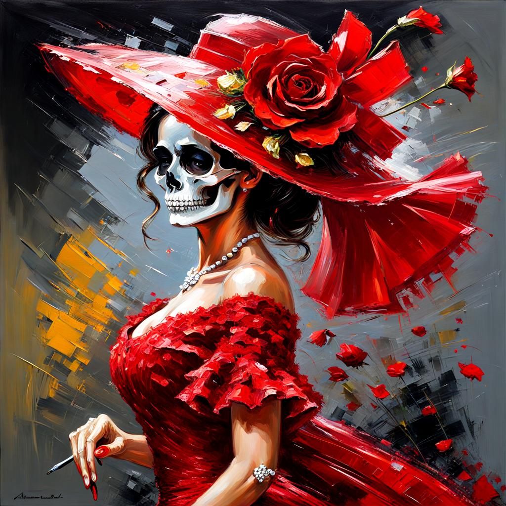 Skeleton Lady Dancing in Red Dress: Impasto Painting