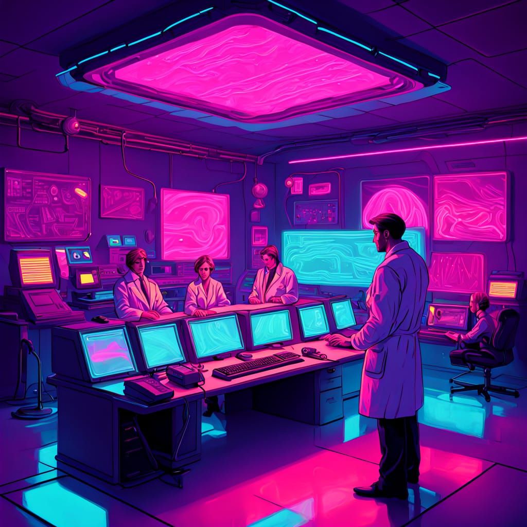Synthwave Scientists in Retro-Futuristic Neon Lab