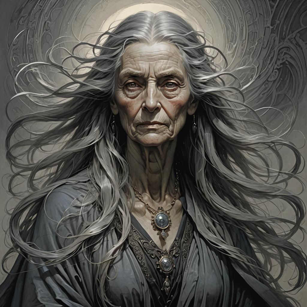 Futuristic Old Woman Portrait in Dark Fantasy Style