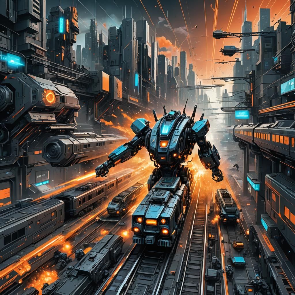 Cyberpunk Robots Attack Train in Futuristic Cityscape