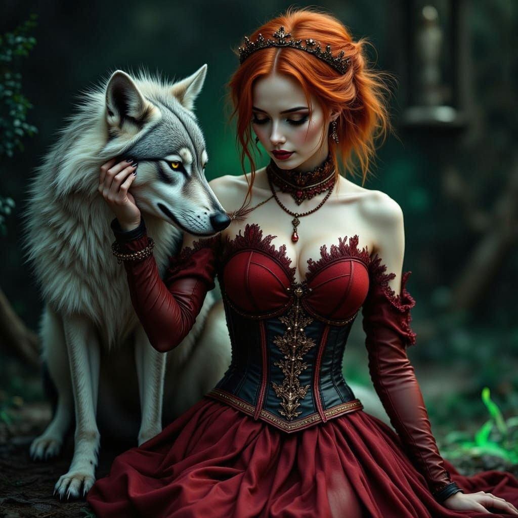 Majestic Lady and Her Shimmering Silver Wolf