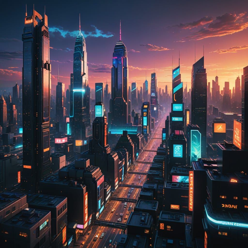 Neon Sci-Fi Cityscape at Golden Hour