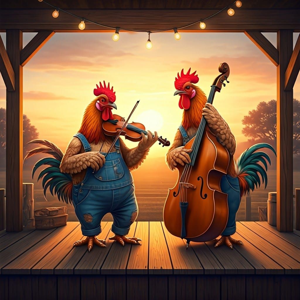 Vibrant Rooster Band Performs on Rustic Stage at Sunset