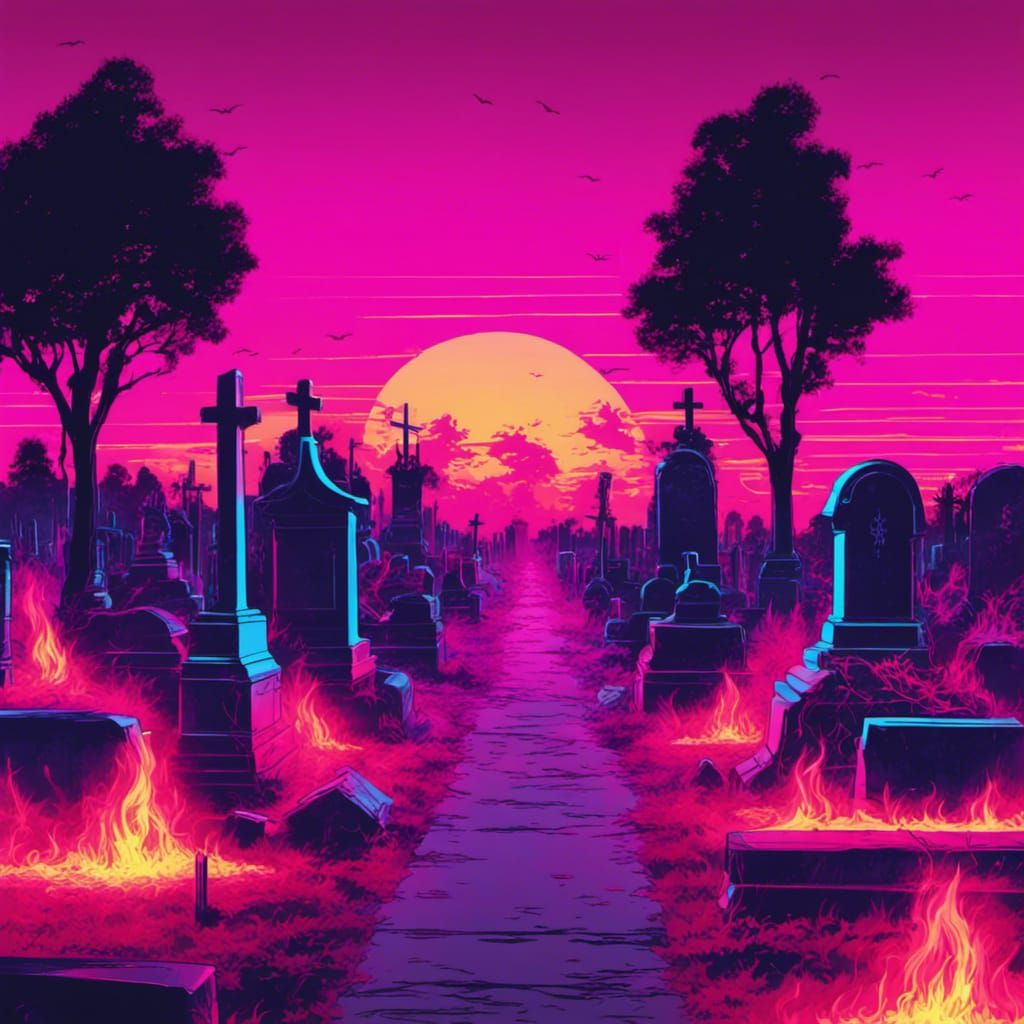 Synthwave Cemetery Ablaze with Neon Lights