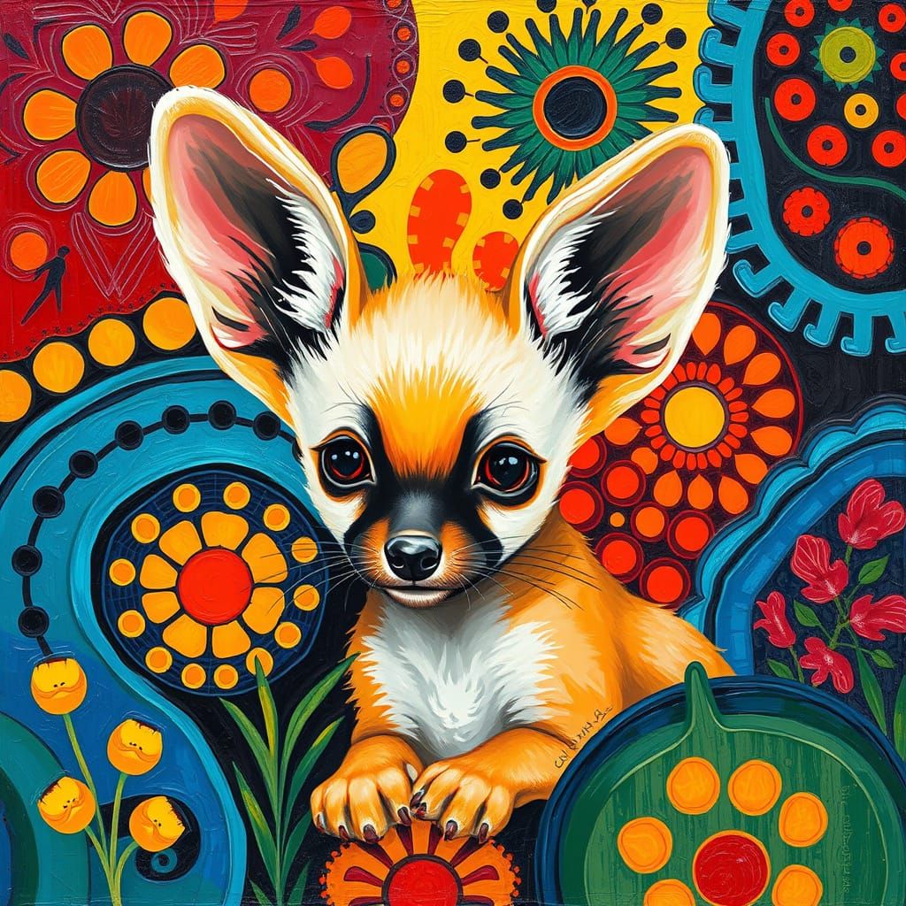 Fennec Puppy in Aboriginal Patterns as Impasto Painting