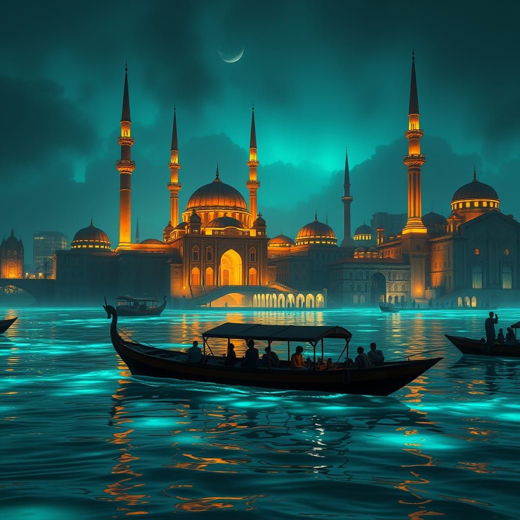 Bioluminescent Bay in Coastal City: Neoclassical Style