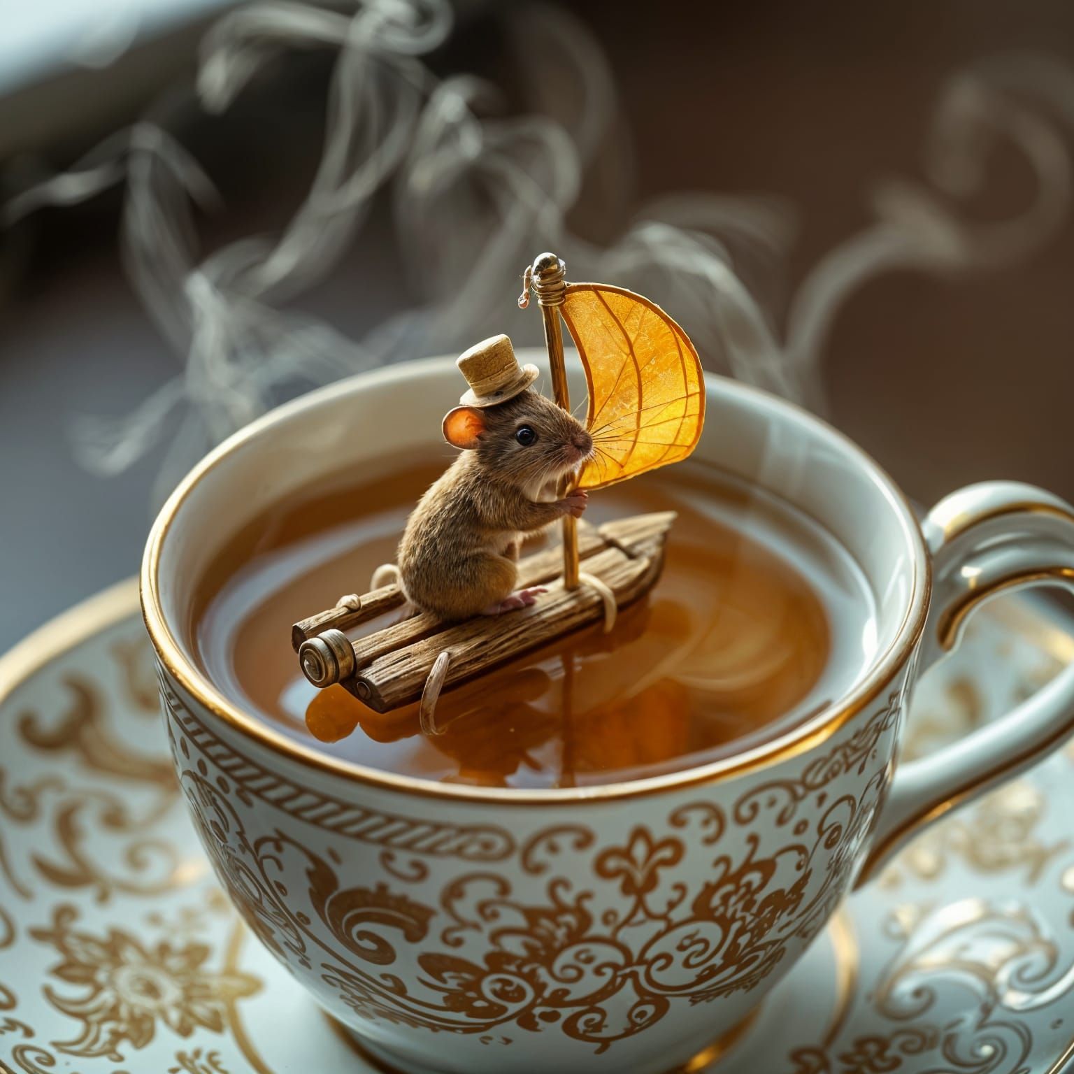 Mouse on Raft in Teacup: Hyperrealistic Image