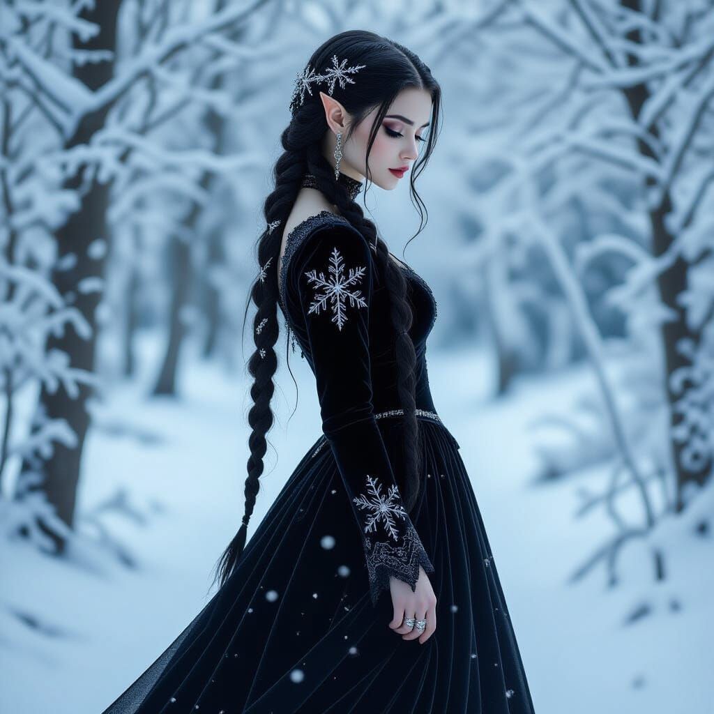 Gothic Elf Snow Queen in Winter Forest