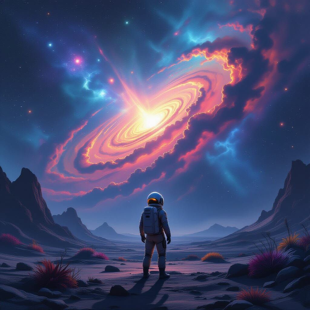 Astronaut Gazing at Nebula on Alien Planet